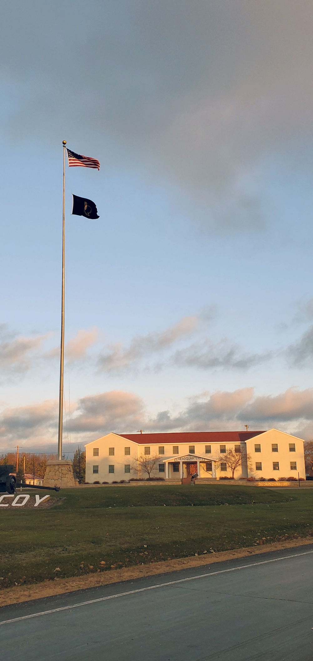 American flag, sunrise, and Veterans Day at Fort McCoy