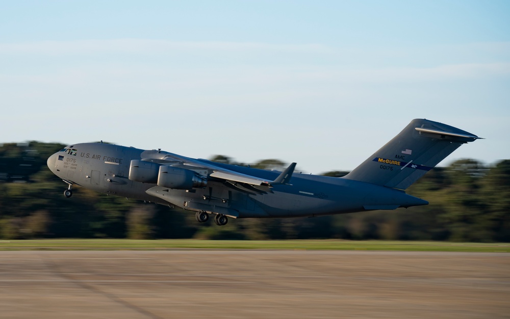 C-17 takes off at Joint Base Langley-Eustis