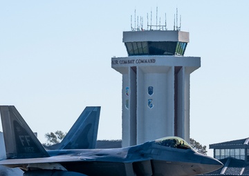 A U.S. Air Force F-22 Raptor aircraft assigned to the 1st Fighter Wing prepare to take off at Joint Base Langley-Eustis, Virginia, Nov. 3, 2020.