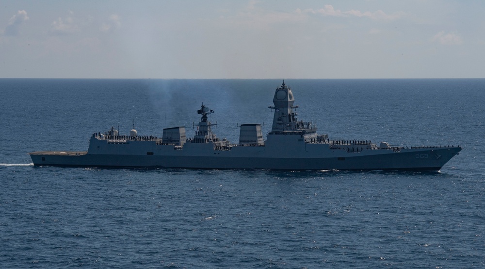 U.S and Indian Ships steam together During Malabar 2020