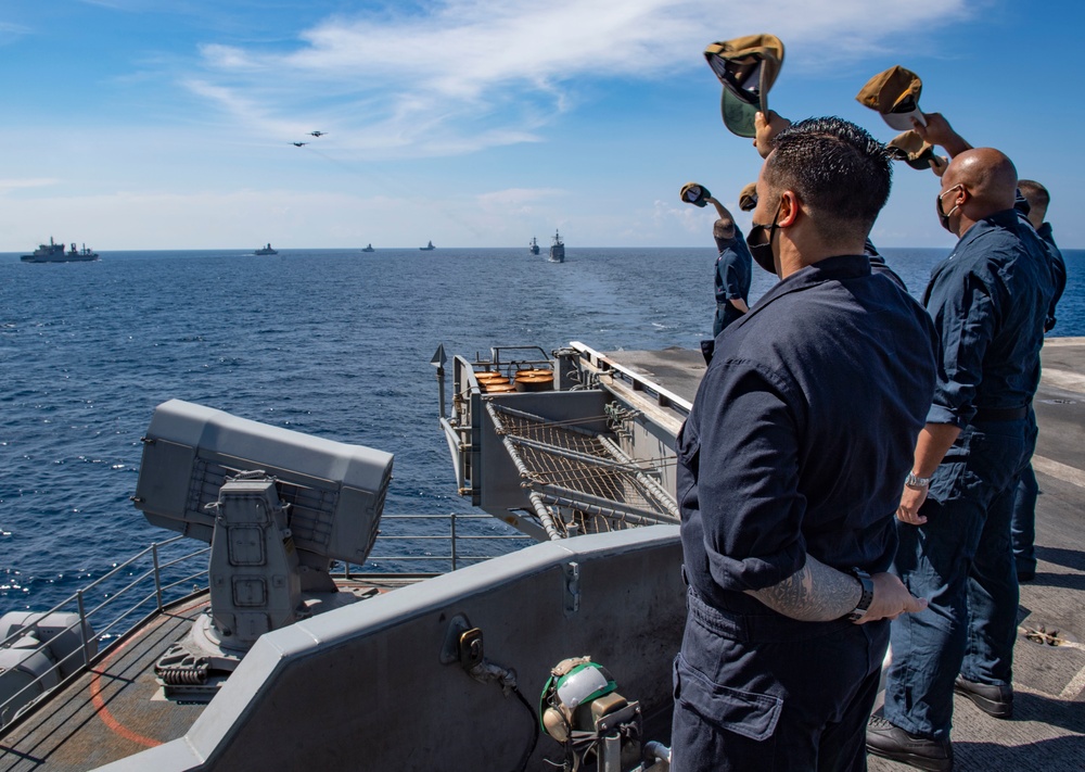 Nimitz Sailors Wave Fairwell to Indian Ship During Malabar 2020