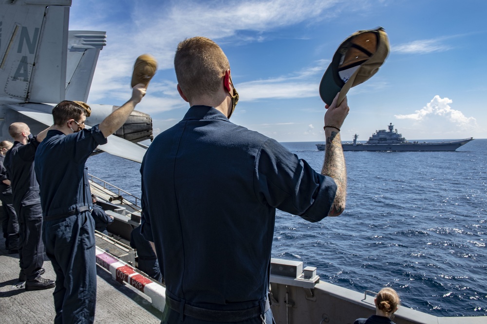 Nimitz Sailors Wave Fairwell to Indian Ship During Malabar 2020