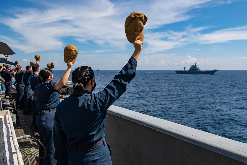 Nimitz Sailors Wave Farewell to Indian Ship During Malabar 2020