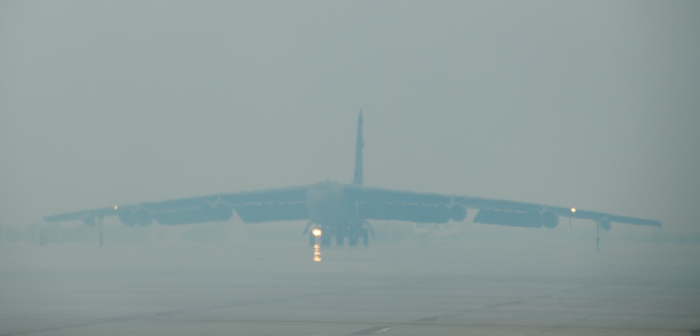 B-52H Stratofortress aircraft take off from Minot Air Force Base