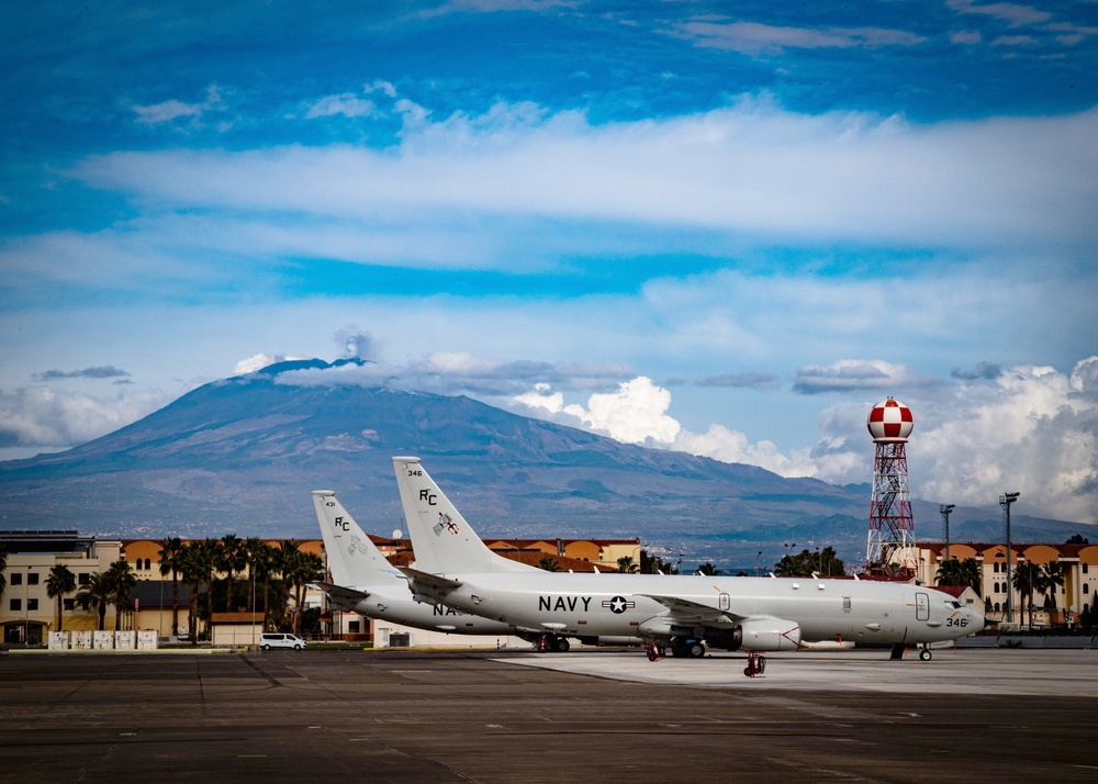P-8A Poseidon aircraft sit on the flight line at Naval Air Station Sigonella.