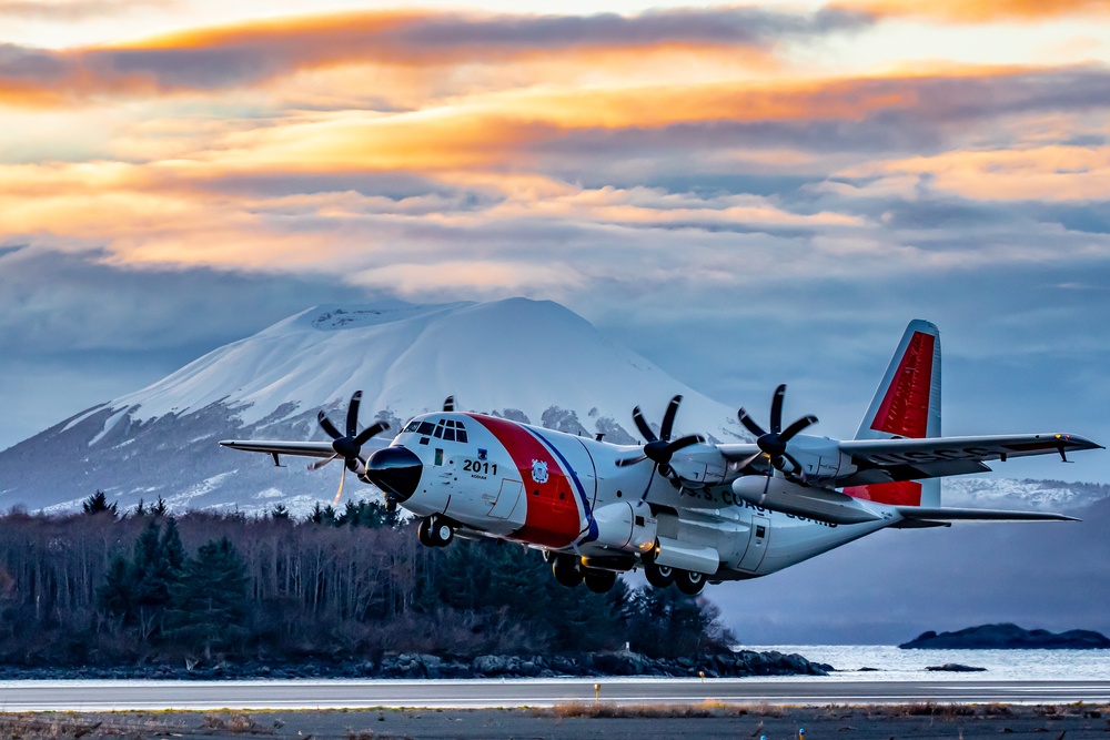Coast Guard HC-130 Hercules takes off from Sitka, Alaska
