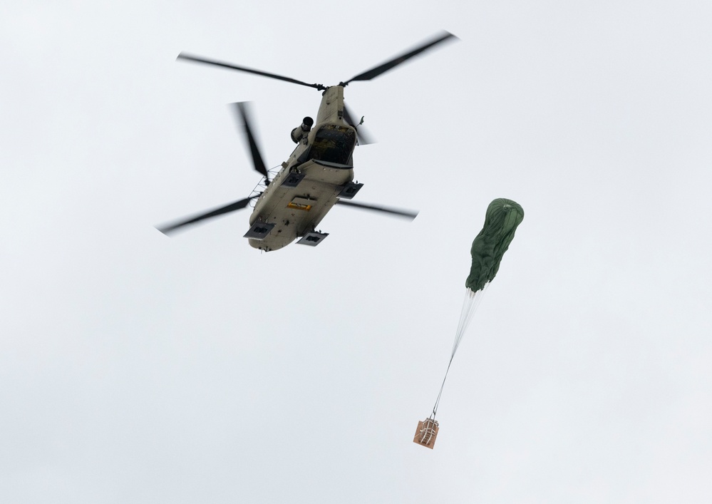 ‘Denali’ paratroopers and AKARNG aviators conduct aerial resupply training at JBER