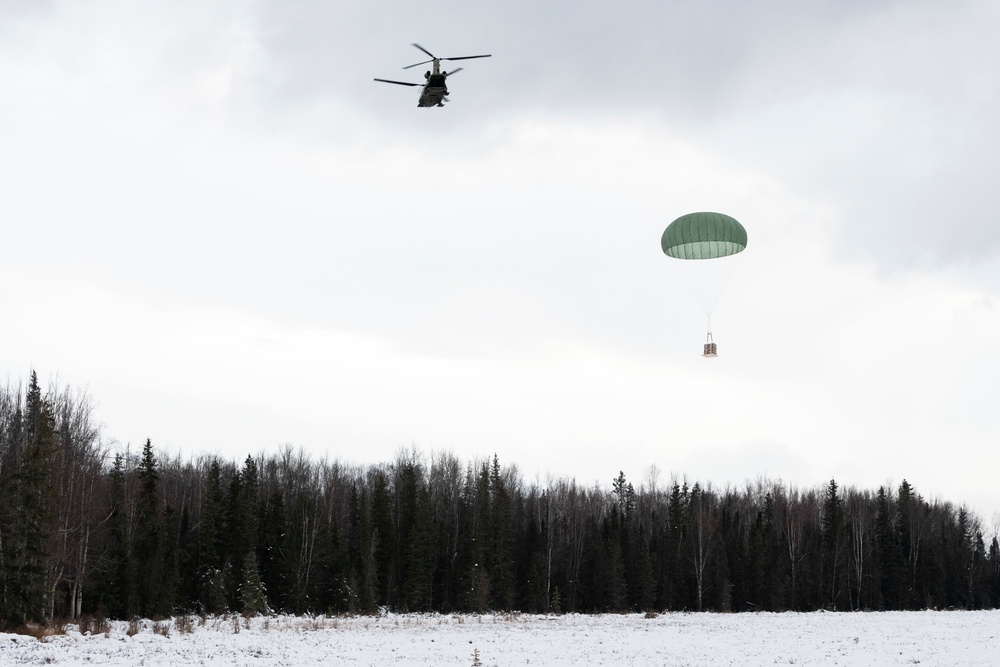 ‘Denali’ paratroopers and AKARNG aviators conduct aerial resupply training at JBER