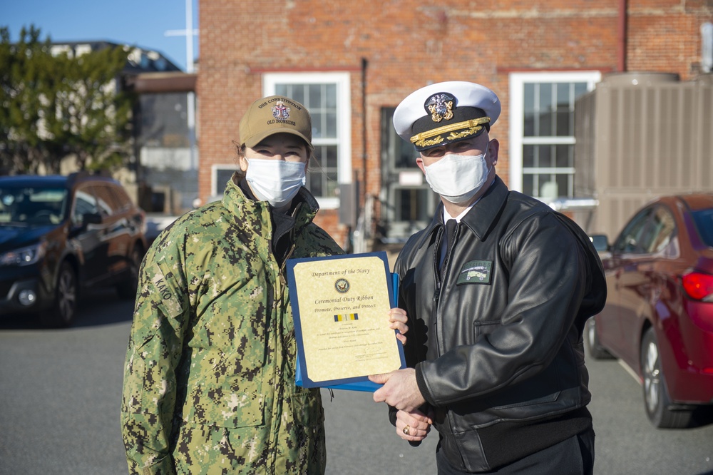 Lt. Christina Kako recieved Ceremonial Duty Ribbon aboard USS Constitution.