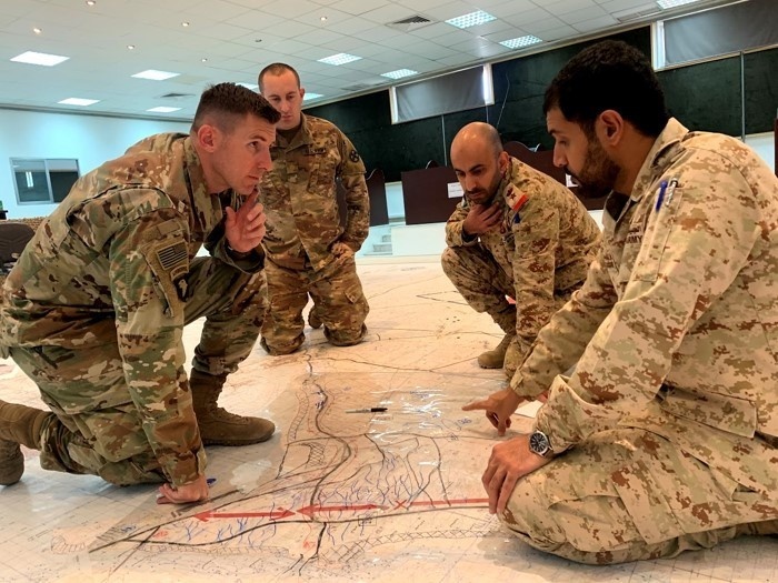 16th Engineer Brigade Soldiers in conjunction with Soldiers of the Kuwaiti Land Forces Institute conduct a Field Grade Officer Workshop, a bilateral training event designed to improve interoperability with our partner nations.