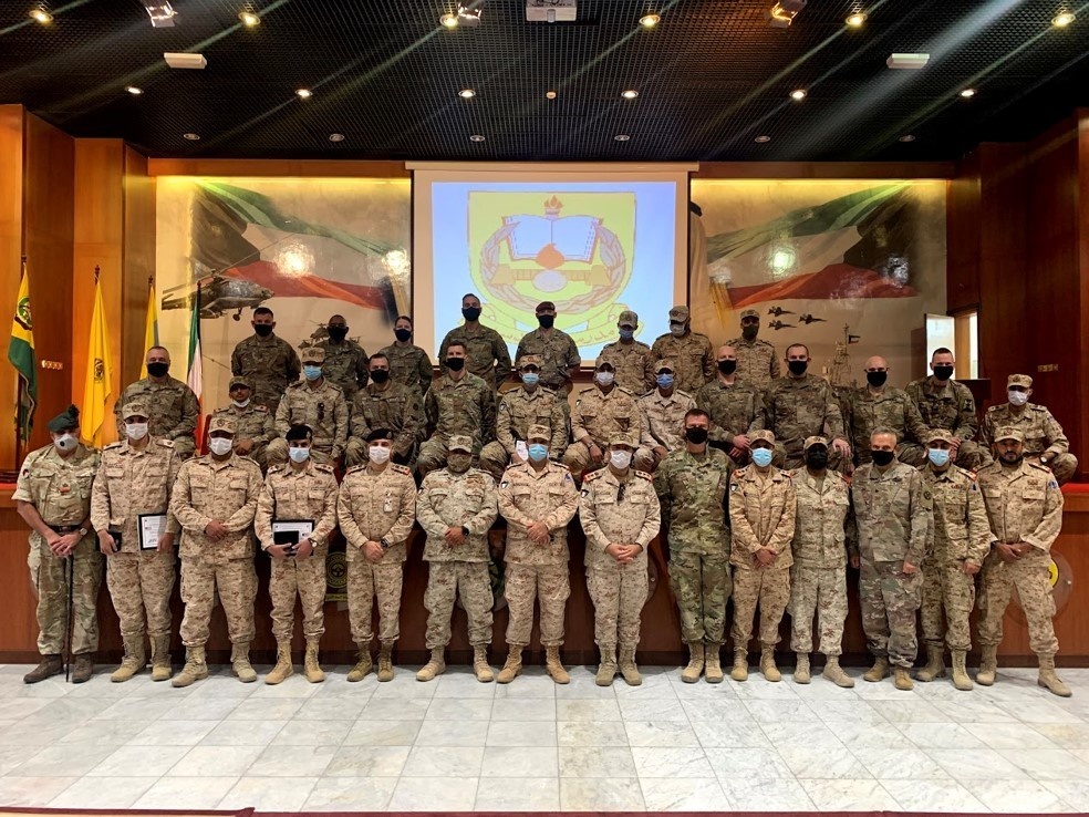 16th Engineer Brigade Soldiers in conjunction with Soldiers of the Kuwaiti Land Forces Institute conduct a Field Grade Officer Workshop, a bilateral training event designed to improve interoperability with our partner nations.