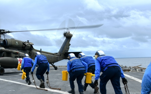 Naval deck crew members in blue uniforms and white helmets are rushing toward a military helicopter on a ship's flight deck, carrying yellow chocks and chains used for securing aircraft. The helicopter, which bears a red cross medical marking, appears to be an Army UH-60 Black Hawk with rotors spinning. The scene depicts an active flight deck operation at sea under partly cloudy skies.