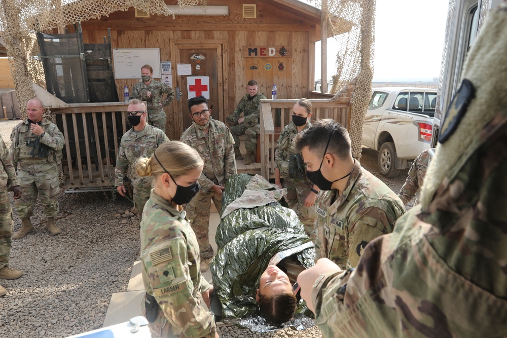 Task Force Bayonet Soldiers participate in a medical evacuation exercise with French Forces Djibouti.