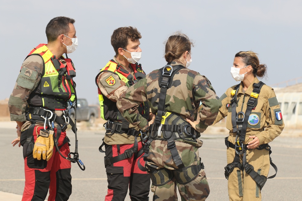 Task Force Bayonet Soldiers participate in a medical evacuation exercise with French Forces Djibouti.
