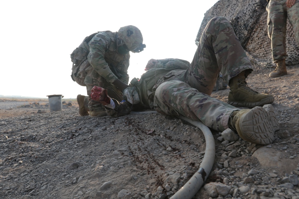 Task Force Bayonet Soldiers participate in a medical evacuation exercise with French Forces Djibouti.