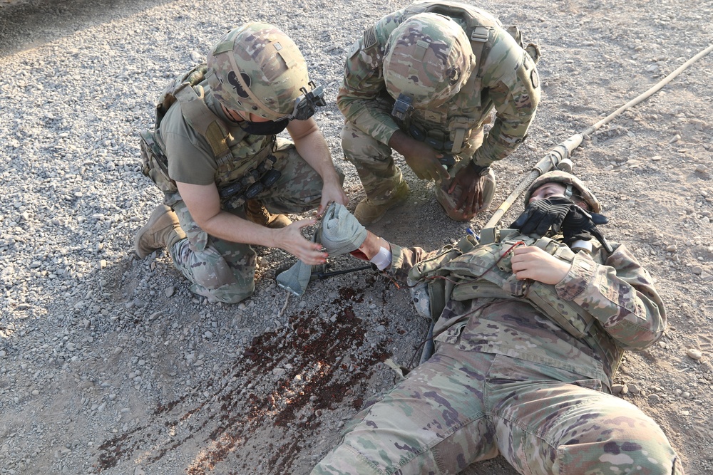 Task Force Bayonet Soldiers participate in a medical evacuation exercise with French Forces Djibouti.