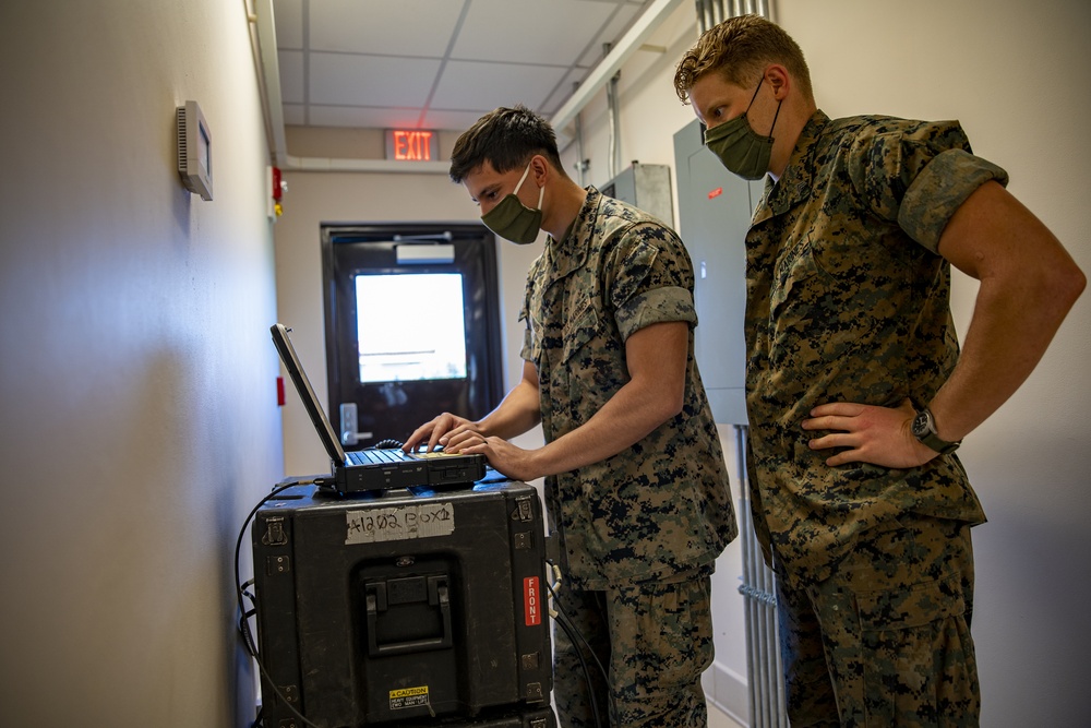 Task force US Marines set up communications equipment in Honduras