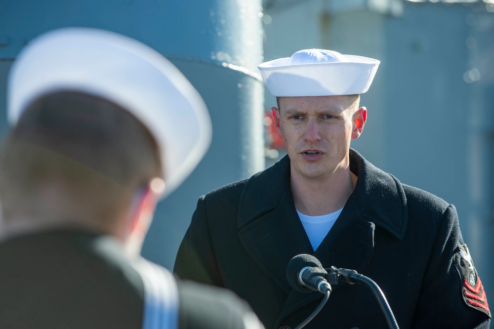 Religious Program Specialist Chief Select Jesse Kiepper presents a commemoration of Pearl Harbor for a Facebook live event onboard USS Cassin Young