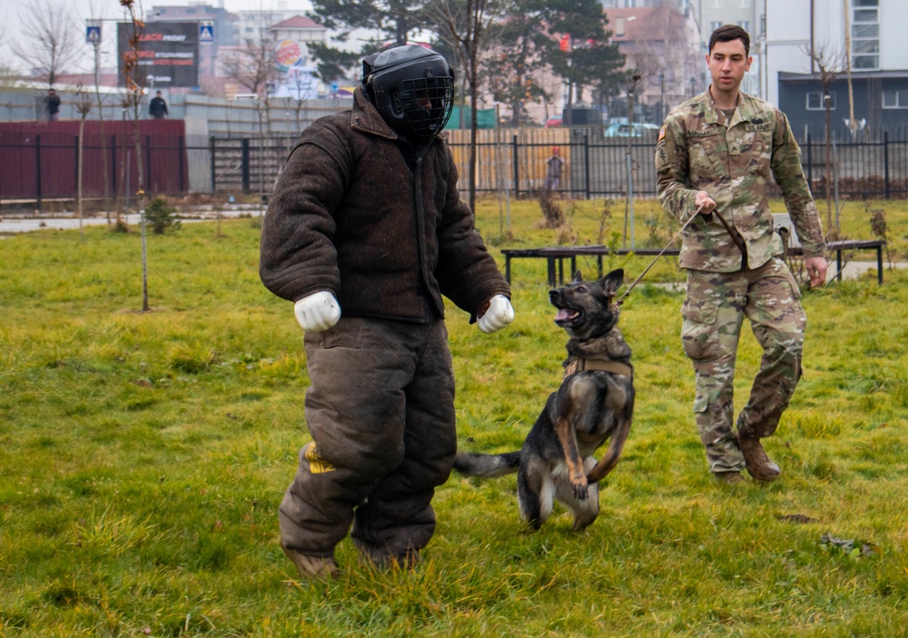K-9 handler gives working dog demonstration for Kosovo students
