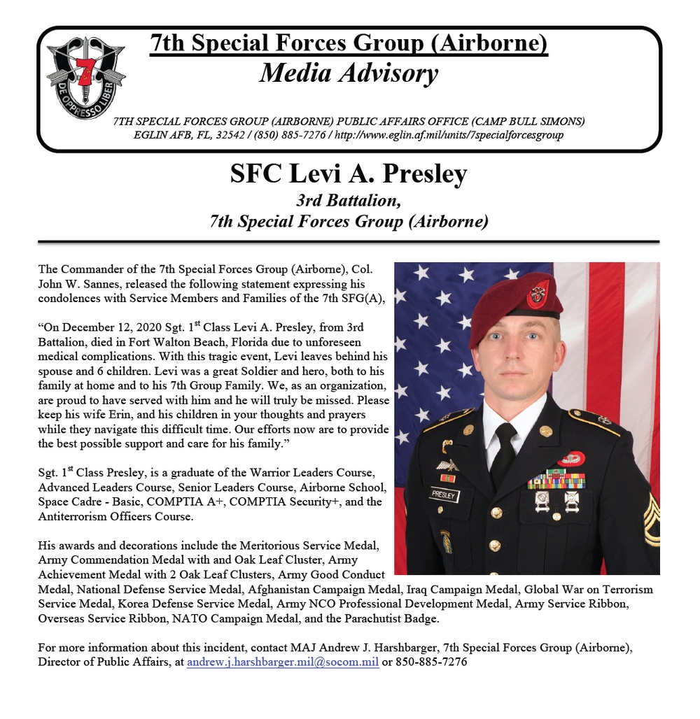 Media Advisory: SFC Levi A. Presley