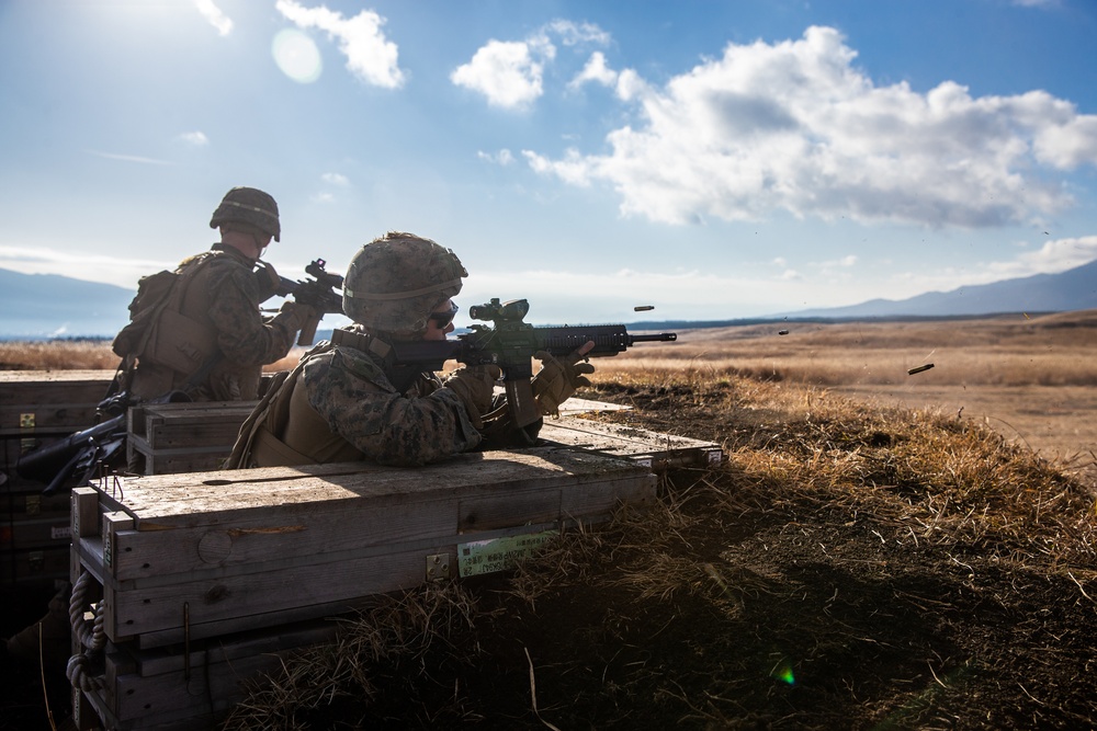 U.S. Marines participate in a live-fire squad attack range during exercise Fuji Viper 21.1