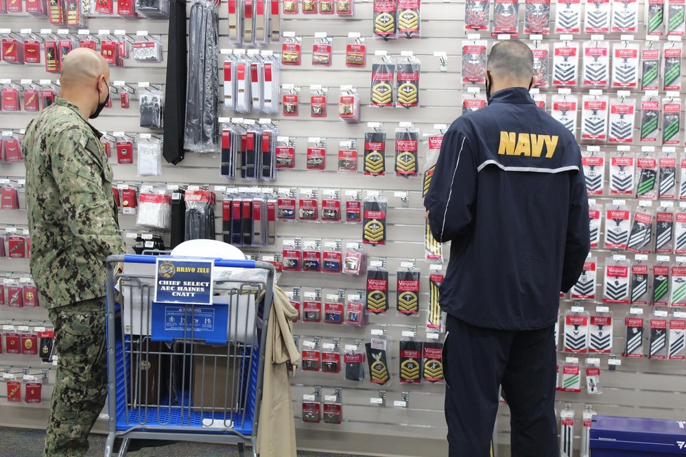 Chief Petty Officer Selectees Safely Get Fitted for their New Uniforms