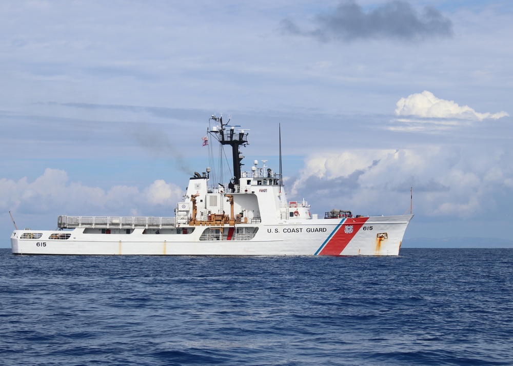 The Coast Guard Cutter Reliance steams in the Caribbean Sea during contraband transfer operations with the Coast Guard Cutter Tampa Nov. 23, 2020. The Reliance crew completed a 36-day Caribbean Patrol in support of counter-drug operations for Joint Interagency Task Force–South. (U.S. Coast Guard phot courtesy of Coast Guard Cutter Reliance)