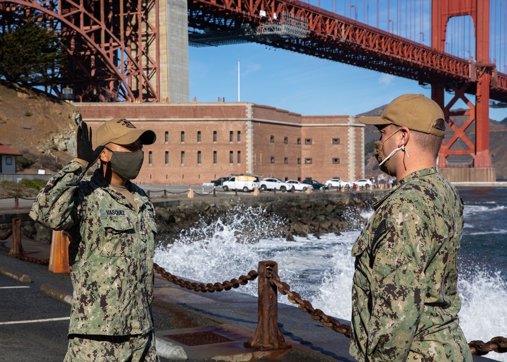 Sailor Reenlists Beneath Golden Gate Bridge