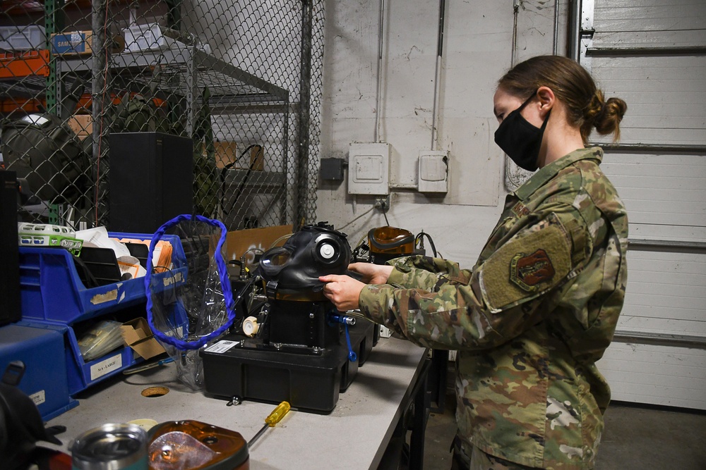 131st Logistics Readiness Squadron tests integrity of M50 gas masks.