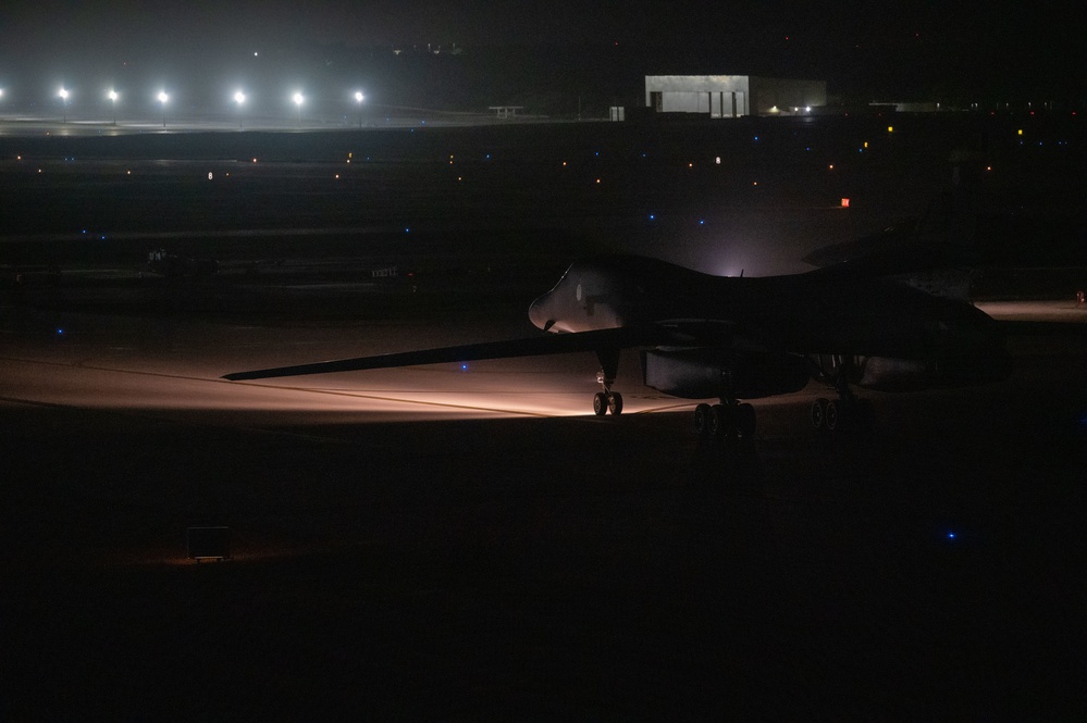 KC-135 Stratotankers refuel B-1 Lancers conducting Bomber Task Force mission