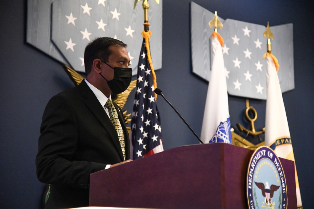 Farhan Khan, Director of Architecture, Data and Standards, Army CIO, recognized during pinning ceremony