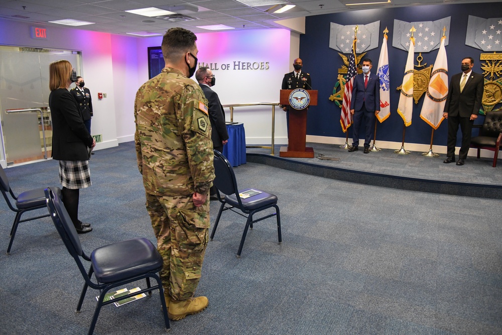 Farhan Khan, Director of Architecture, Data and Standards, Army CIO, recognized during pinning ceremony