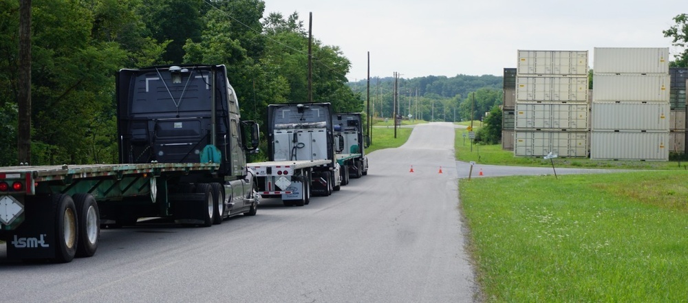 Trucks lined up at Letterkenny Munitions Center to pick up containers.