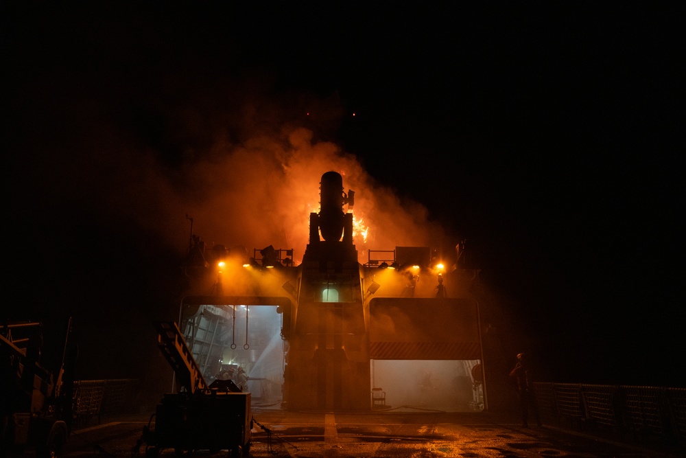 Fire rages on USCGC Waesche in the Pacific Ocean