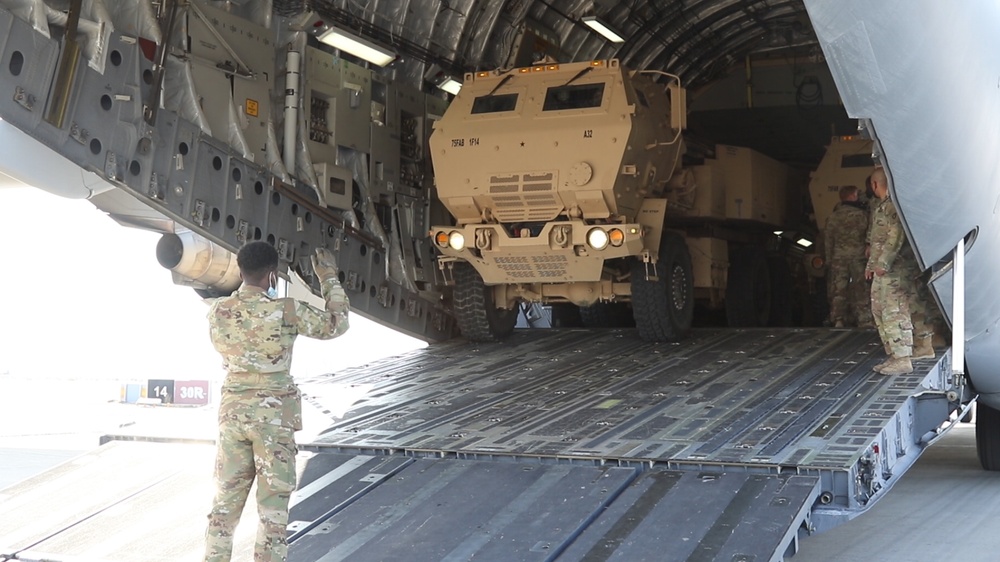 High Mobility Artillery Rocket System is loaded onto a C-17 aircraft
