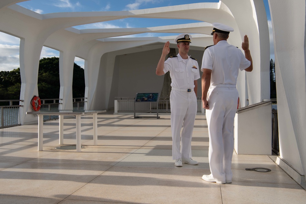 NAVFAC Pacific Admiral Promotes Son to Lieutenant on Arizona Memorial