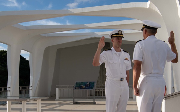 NAVFAC Pacific Admiral Promotes Son to Lieutenant on Arizona Memorial