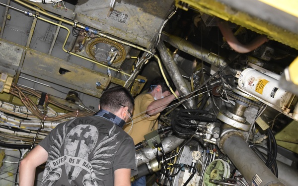 Two B-52H bombers regenerated to active service undergoing simultaneous maintenance at Tinker’s Air Logistics Complex
