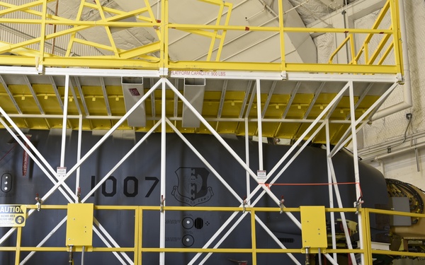 Two B-52H bombers regenerated to active service undergoing simultaneous maintenance at Tinker’s Air Logistics Complex