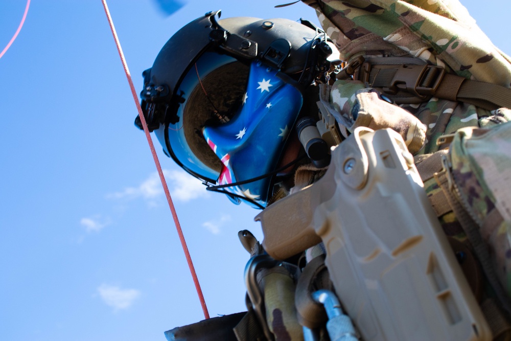 A KFOR Soldier trains in hoist rescue operations
