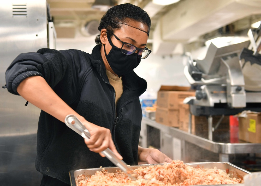 Blue Ridge’s Culinary Specialist Prepares Meal and Cleans Galley