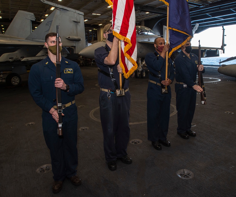 Sailors Drill In Hangar Bay