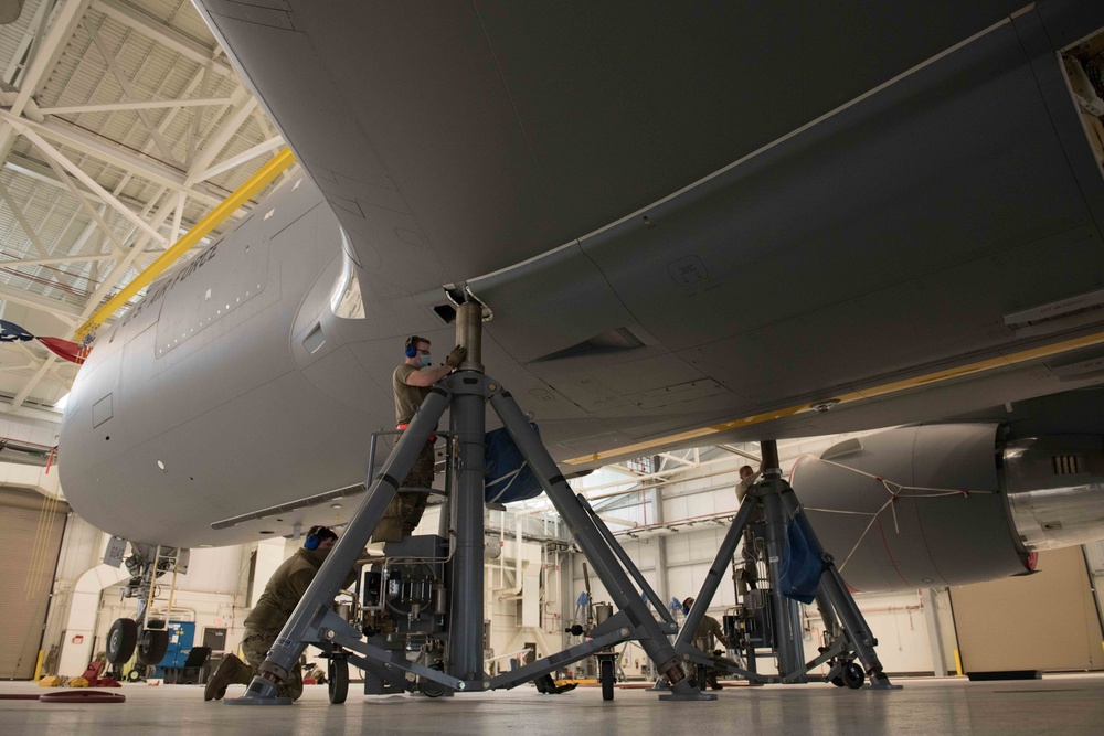 22nd MXS Airmen perform KC-46 gear swing