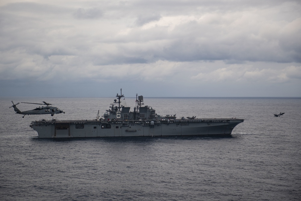 F-35B Lightning II assigned to the 31st Marine Expeditionary Unit (MEU) launches from the flight deck of amphibious assault ship USS America (LHA 6)