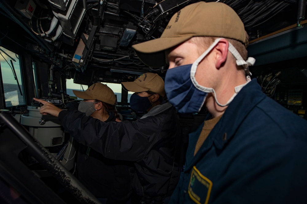 USS Ralph Johnson Conducts Bridge Operations