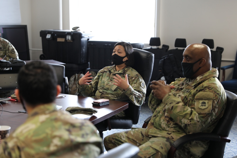 Col. Hou and Command Sgt. Maj. Williams talk with New Jersey Joint Task Force Iron Guard