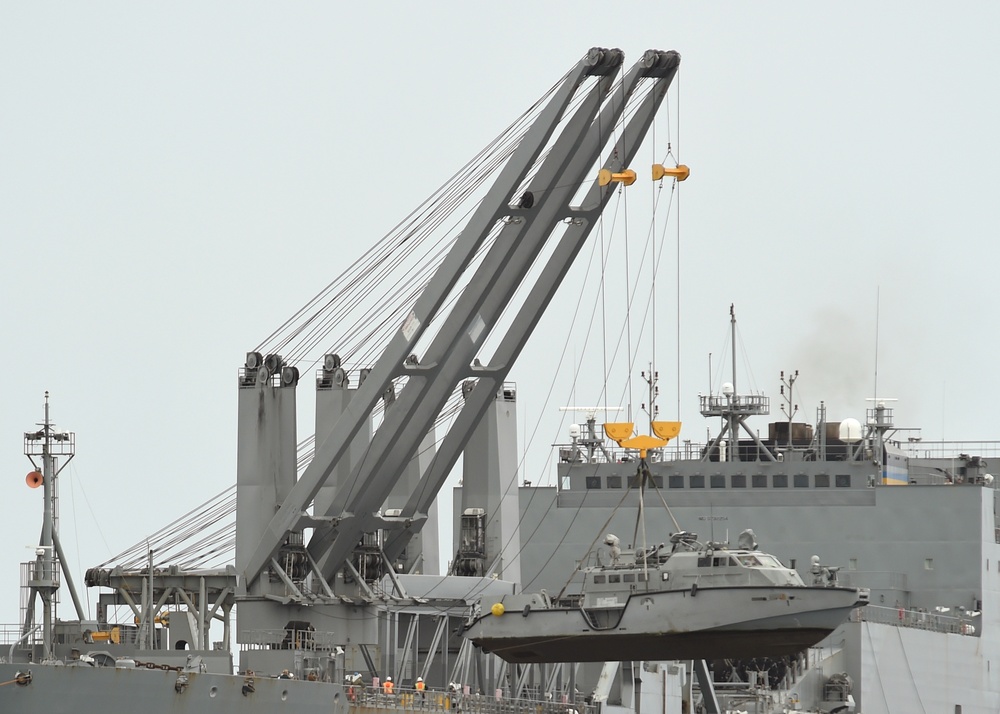 Navy Expeditionary Logistics Conduct Mark VI LO/LO Crane Operations with USNS Soderman