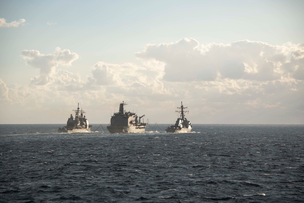 Mitscher Conducts a Replenishment-at-Sea with USNS Kanawha