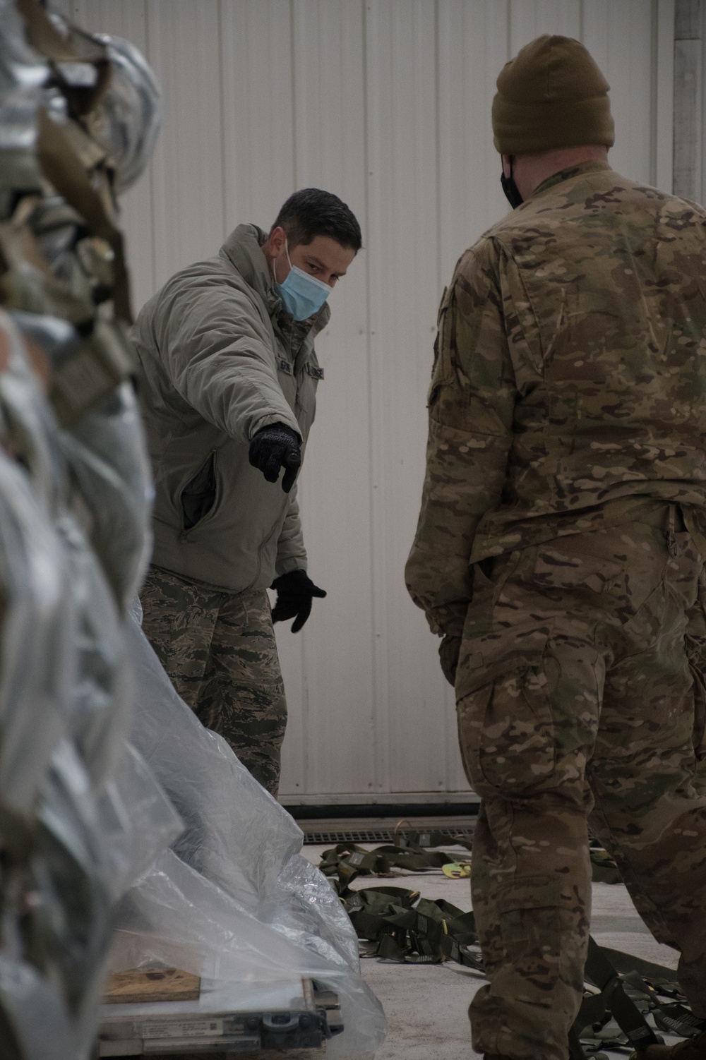 133rd Airlift Wing prepares duffel bags from the 682nd Engineer Battalion for a flight to Washington D.C. from St. Paul Minnesota
