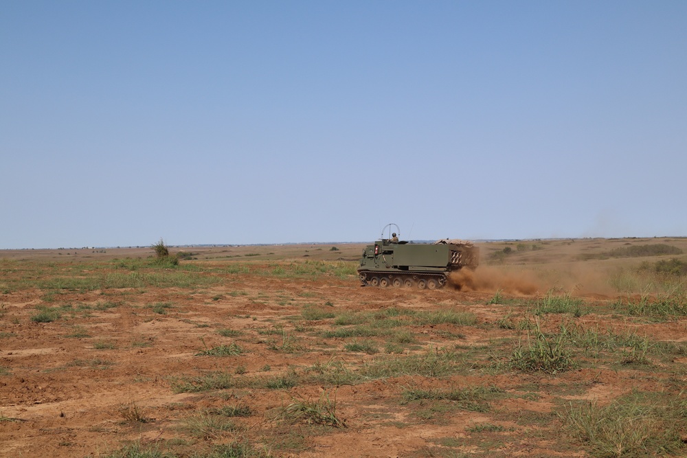 An M142 High Mobility Artillery Rocket System (HIMARS) moves into firing position